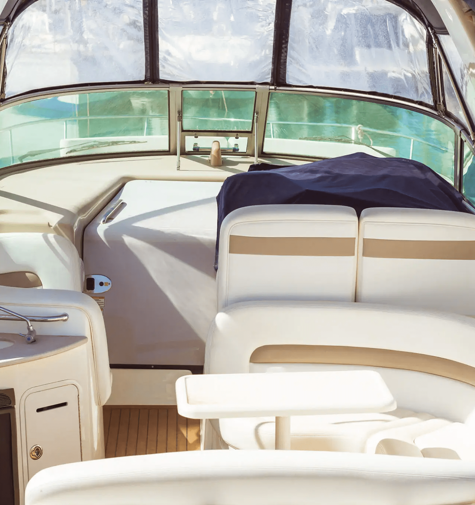 Boat interior with leather seats