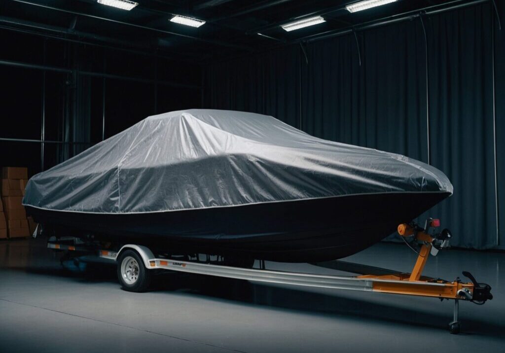 Boat with tarp on trailer in garage