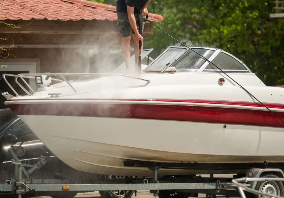 Person washing boat on trailer