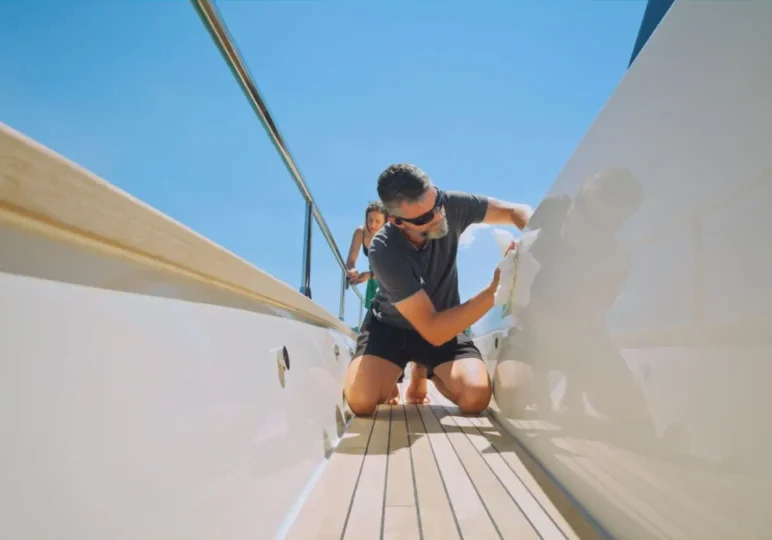 Person polishing boat on a bright day